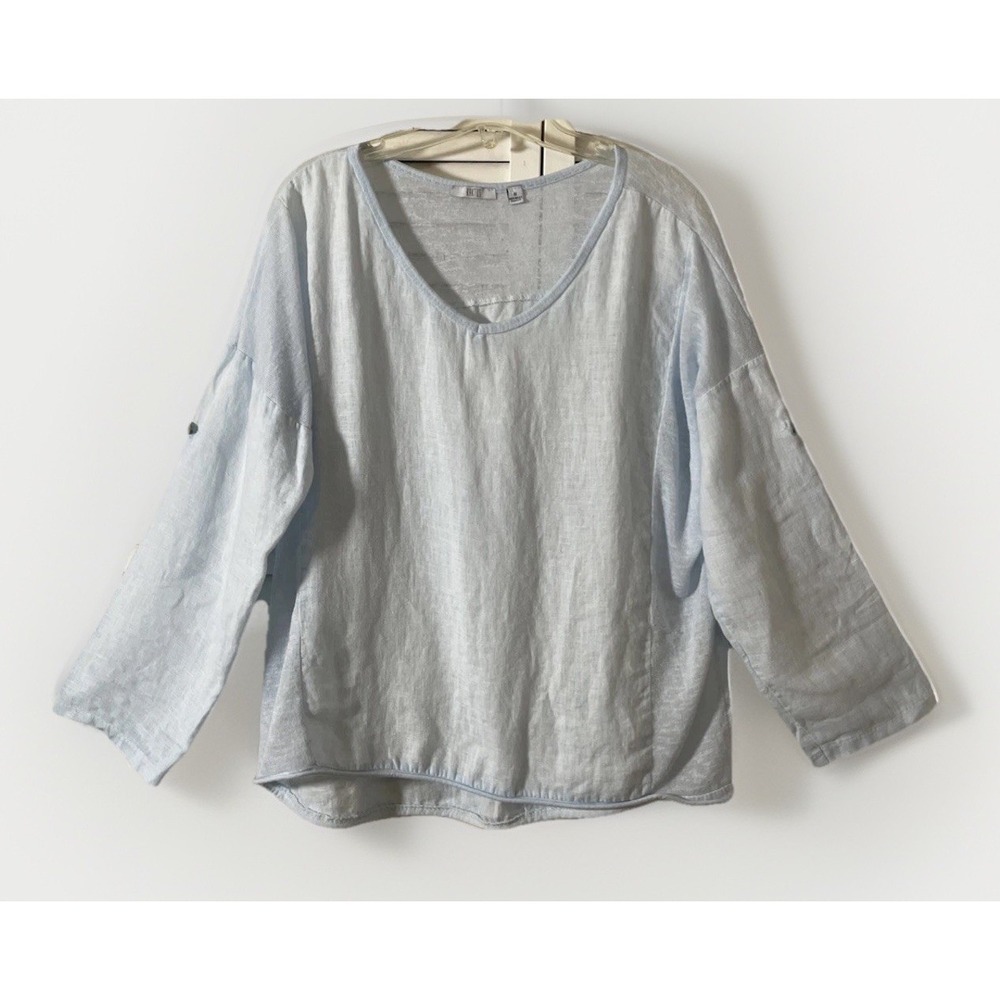 Kaktus Baby Blue Roll Tab Sleeves Linen Blouse Women's Size Medium Lightweight